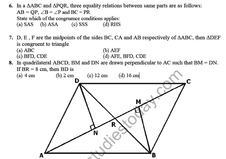 CBSE Class 9 Maths Triangles MCQs Set E, Multiple Choice Questions for
